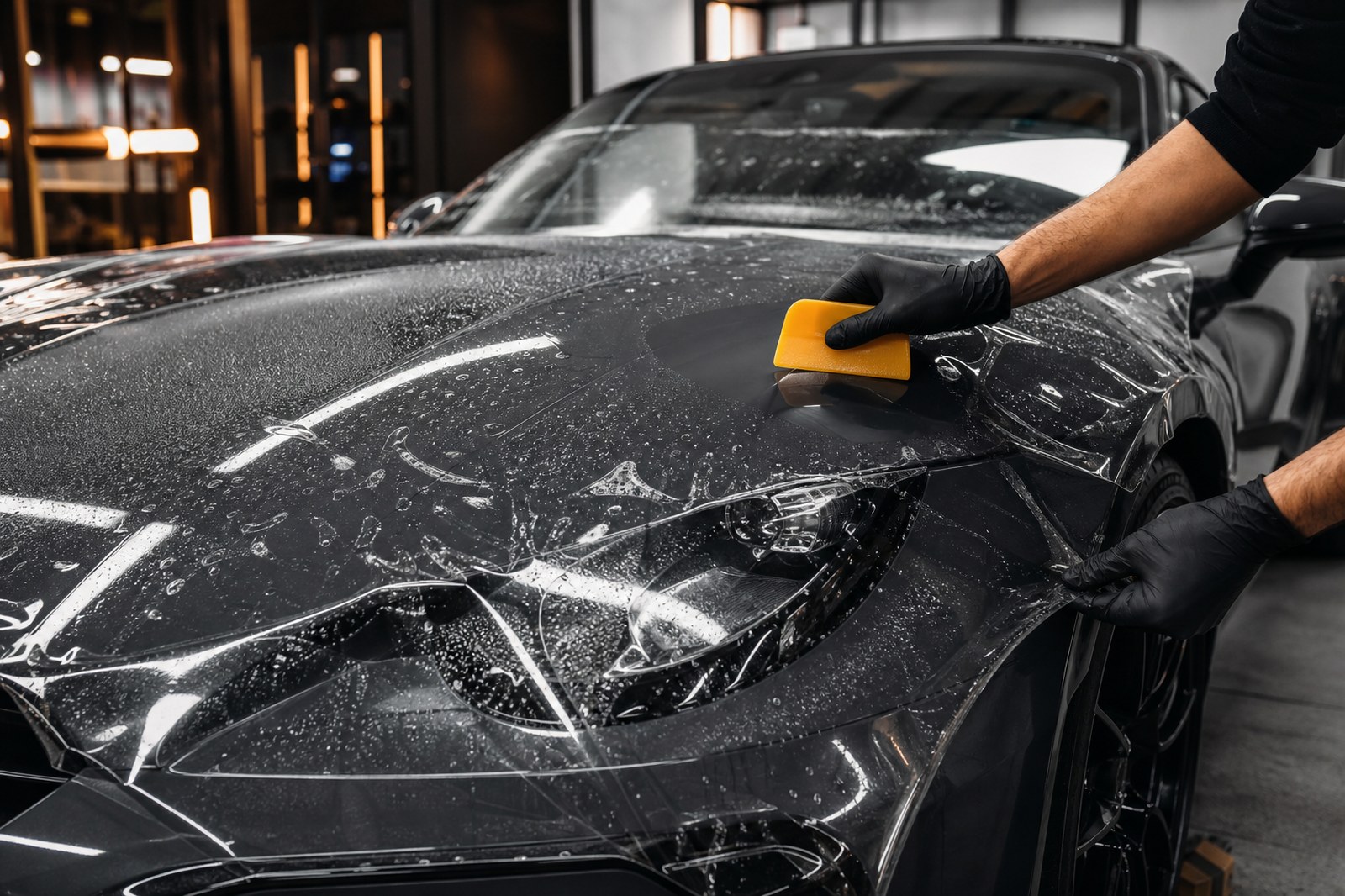 Paint protection film being applied to a car in a workshop